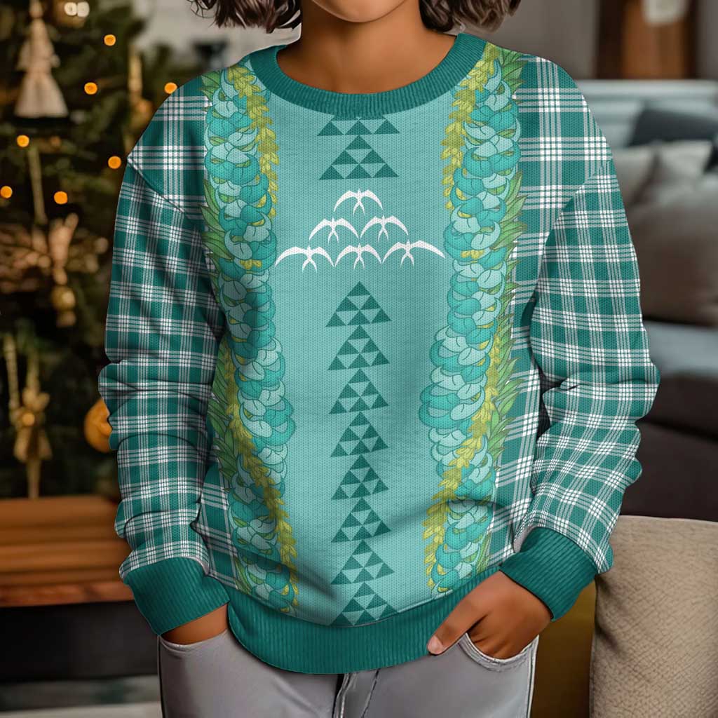 Teal Palaka Hawaii Iwa Bird Kid Ugly Christmas Sweater Hawaiian Kakau Jade Vine Lei LT14 - Polynesian Pride