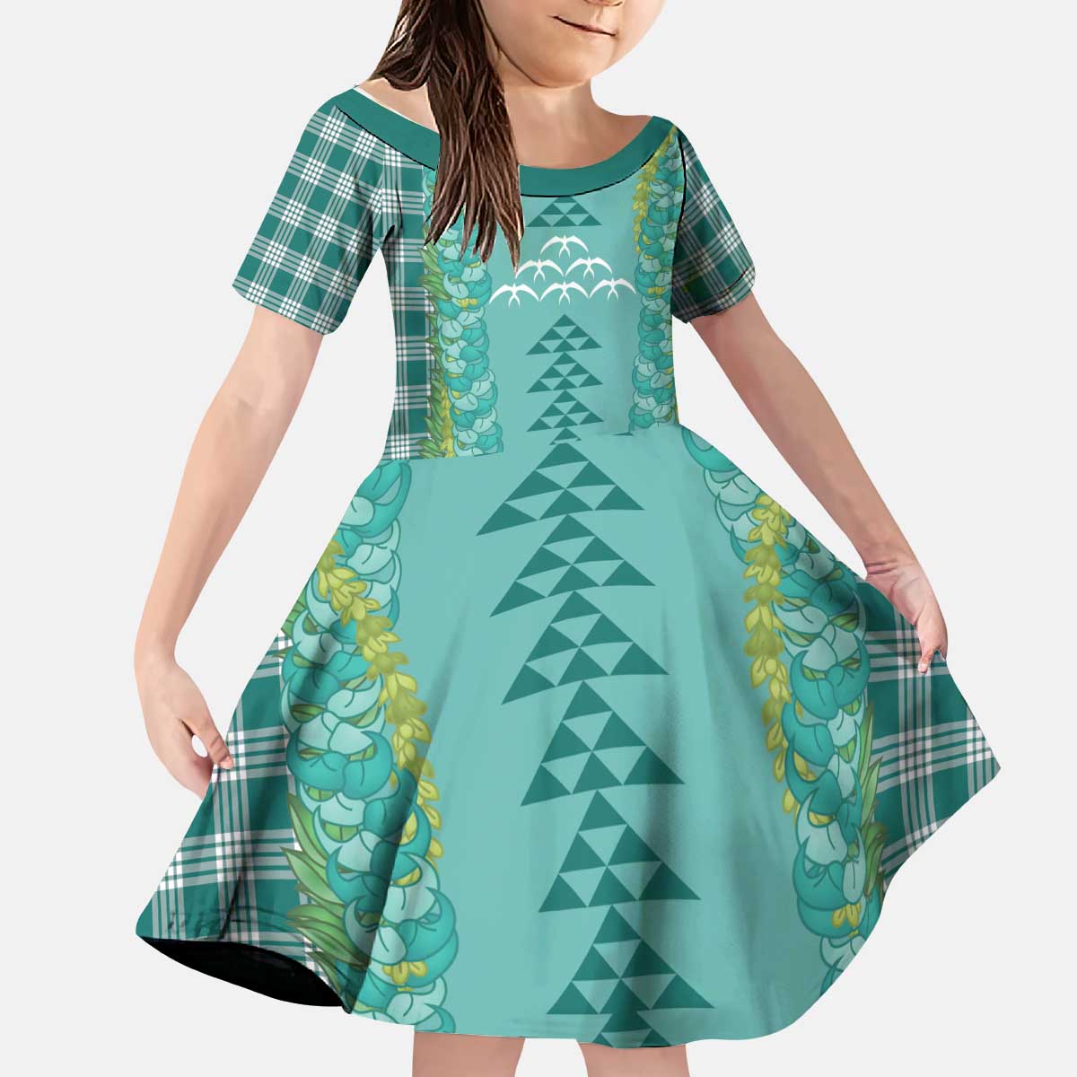 Teal Palaka Hawaii Iwa Bird Kid Short Sleeve Dress Hawaiian Kakau Jade Vine Lei LT14 KID Teal - Polynesian Pride