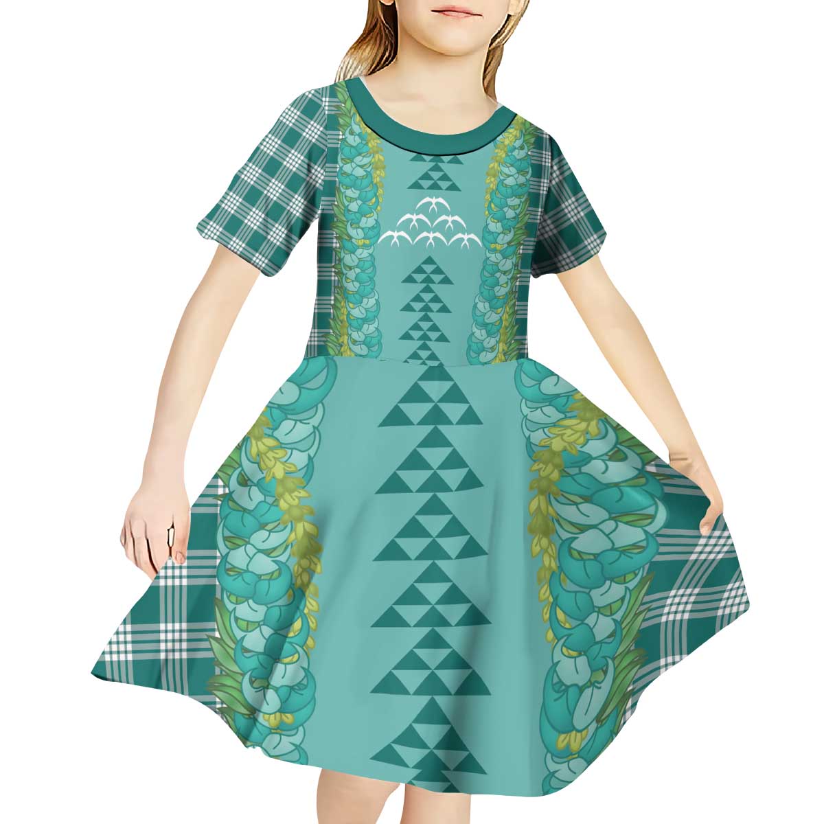 Teal Palaka Hawaii Iwa Bird Kid Short Sleeve Dress Hawaiian Kakau Jade Vine Lei LT14 - Polynesian Pride