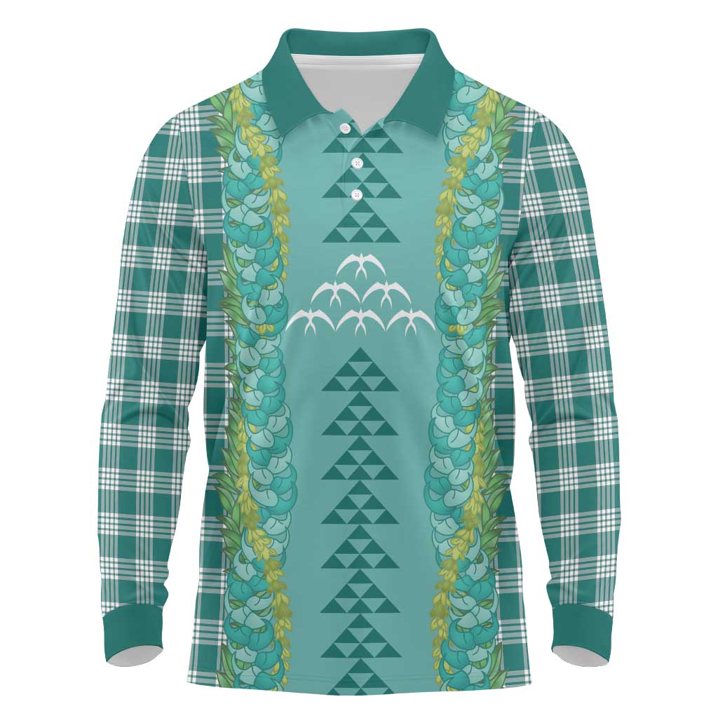 Teal Palaka Hawaii Iwa Bird Long Sleeve Polo Shirt Hawaiian Kakau Jade Vine Lei LT14 Teal - Polynesian Pride