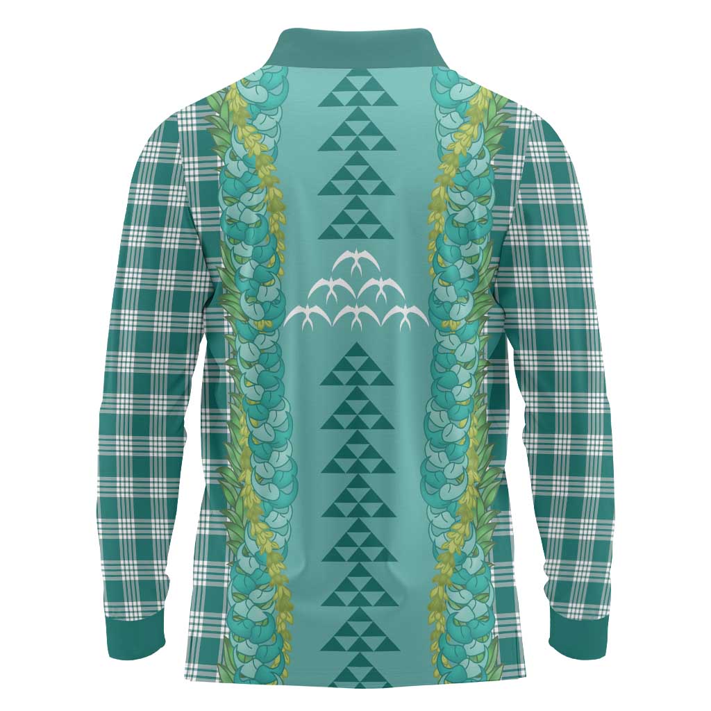 Teal Palaka Hawaii Iwa Bird Long Sleeve Polo Shirt Hawaiian Kakau Jade Vine Lei LT14 - Polynesian Pride