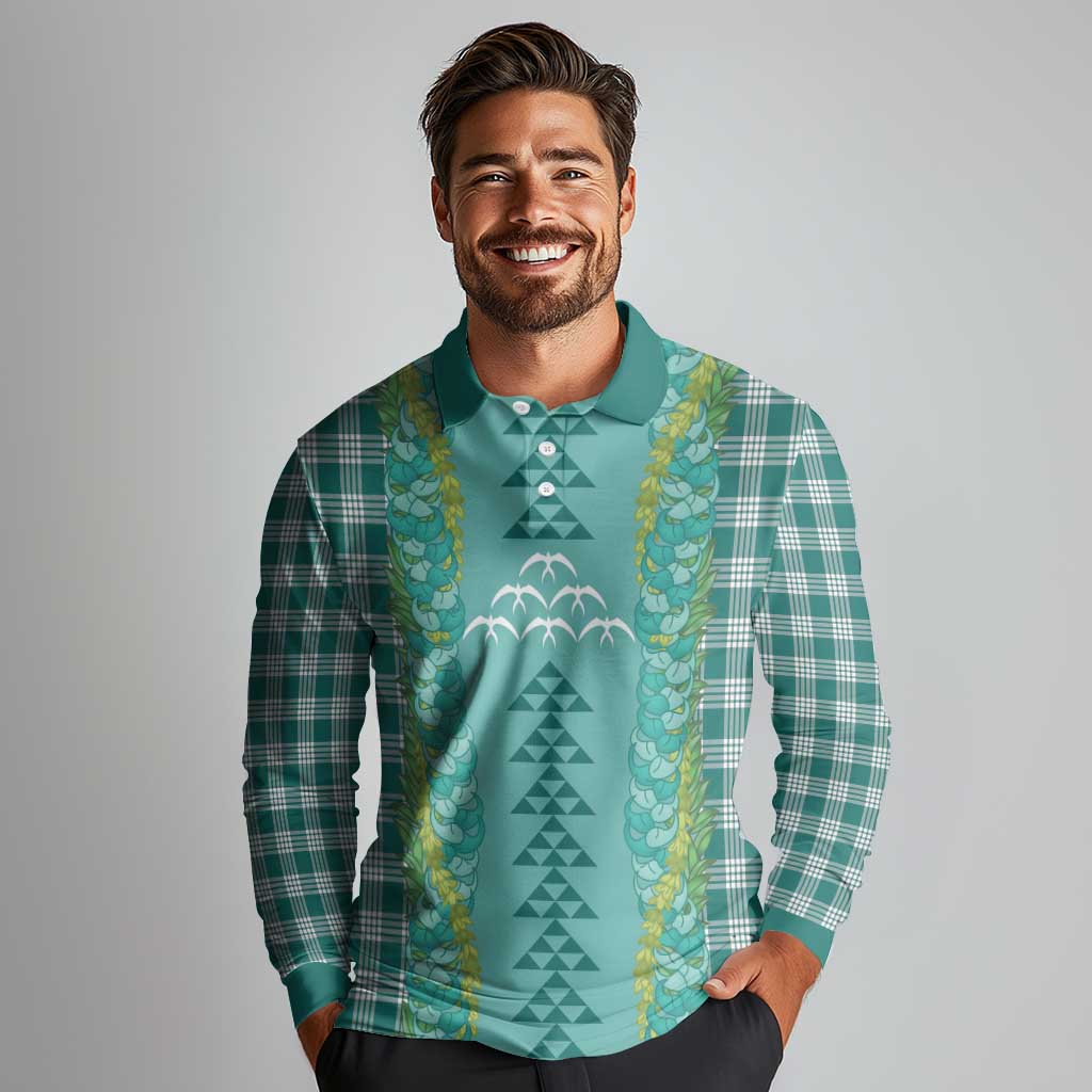 Teal Palaka Hawaii Iwa Bird Long Sleeve Polo Shirt Hawaiian Kakau Jade Vine Lei LT14 - Polynesian Pride