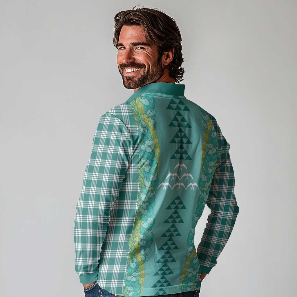 Teal Palaka Hawaii Iwa Bird Long Sleeve Polo Shirt Hawaiian Kakau Jade Vine Lei LT14 - Polynesian Pride
