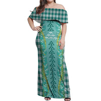 Teal Palaka Hawaii Iwa Bird Off Shoulder Maxi Dress Hawaiian Kakau Jade Vine Lei LT14 Women Teal - Polynesian Pride