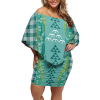 Teal Palaka Hawaii Iwa Bird Off Shoulder Short Dress Hawaiian Kakau Jade Vine Lei LT14 Women Teal - Polynesian Pride