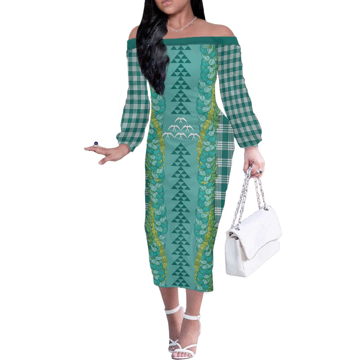 Teal Palaka Hawaii Iwa Bird Off The Shoulder Long Sleeve Dress Hawaiian Kakau Jade Vine Lei LT14 Women Teal - Polynesian Pride