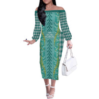 Teal Palaka Hawaii Iwa Bird Off The Shoulder Long Sleeve Dress Hawaiian Kakau Jade Vine Lei LT14 Women Teal - Polynesian Pride