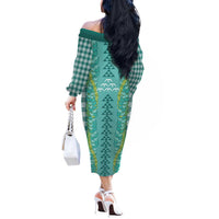 Teal Palaka Hawaii Iwa Bird Off The Shoulder Long Sleeve Dress Hawaiian Kakau Jade Vine Lei LT14 - Polynesian Pride