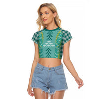 Teal Palaka Hawaii Iwa Bird Raglan Cropped T Shirt Hawaiian Kakau Jade Vine Lei LT14 Female Teal - Polynesian Pride