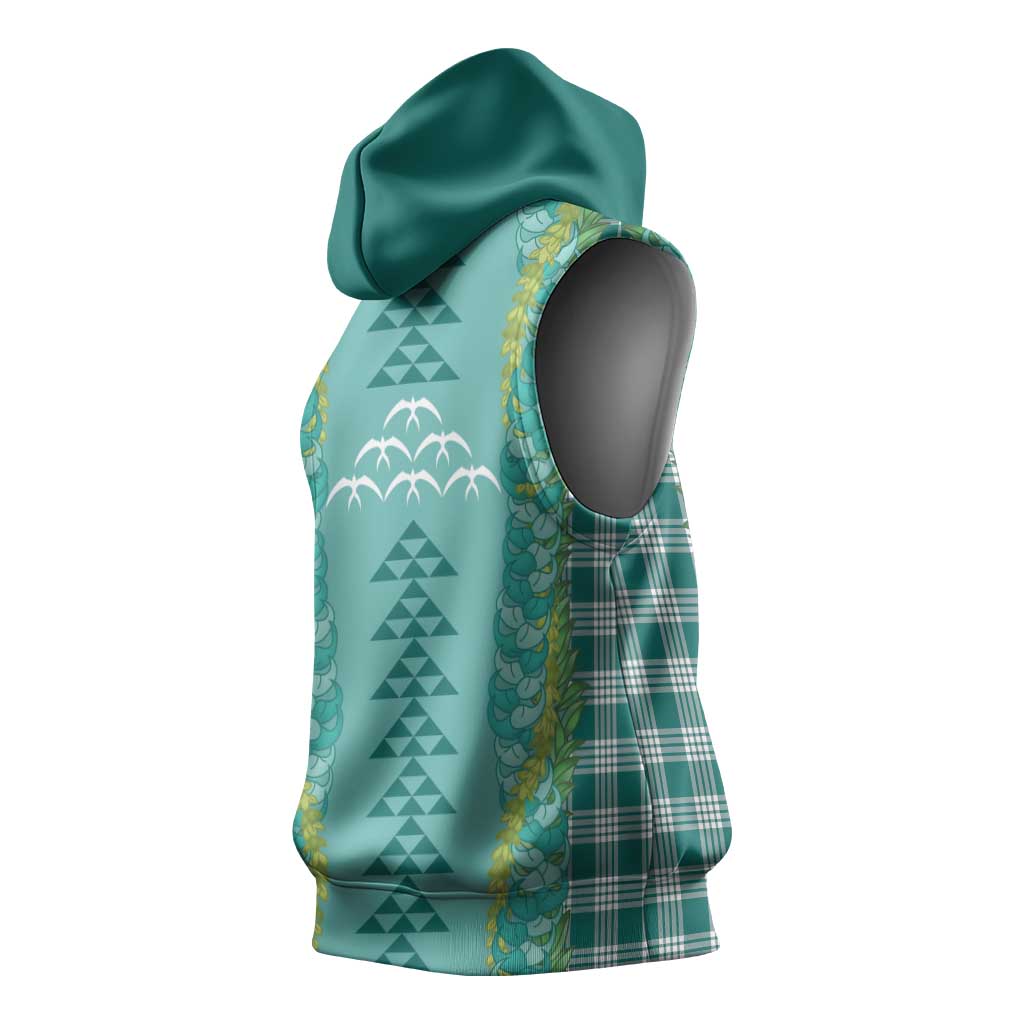 Teal Palaka Hawaii Iwa Bird Sleeveless Hoodie Hawaiian Kakau Jade Vine Lei LT14 - Polynesian Pride