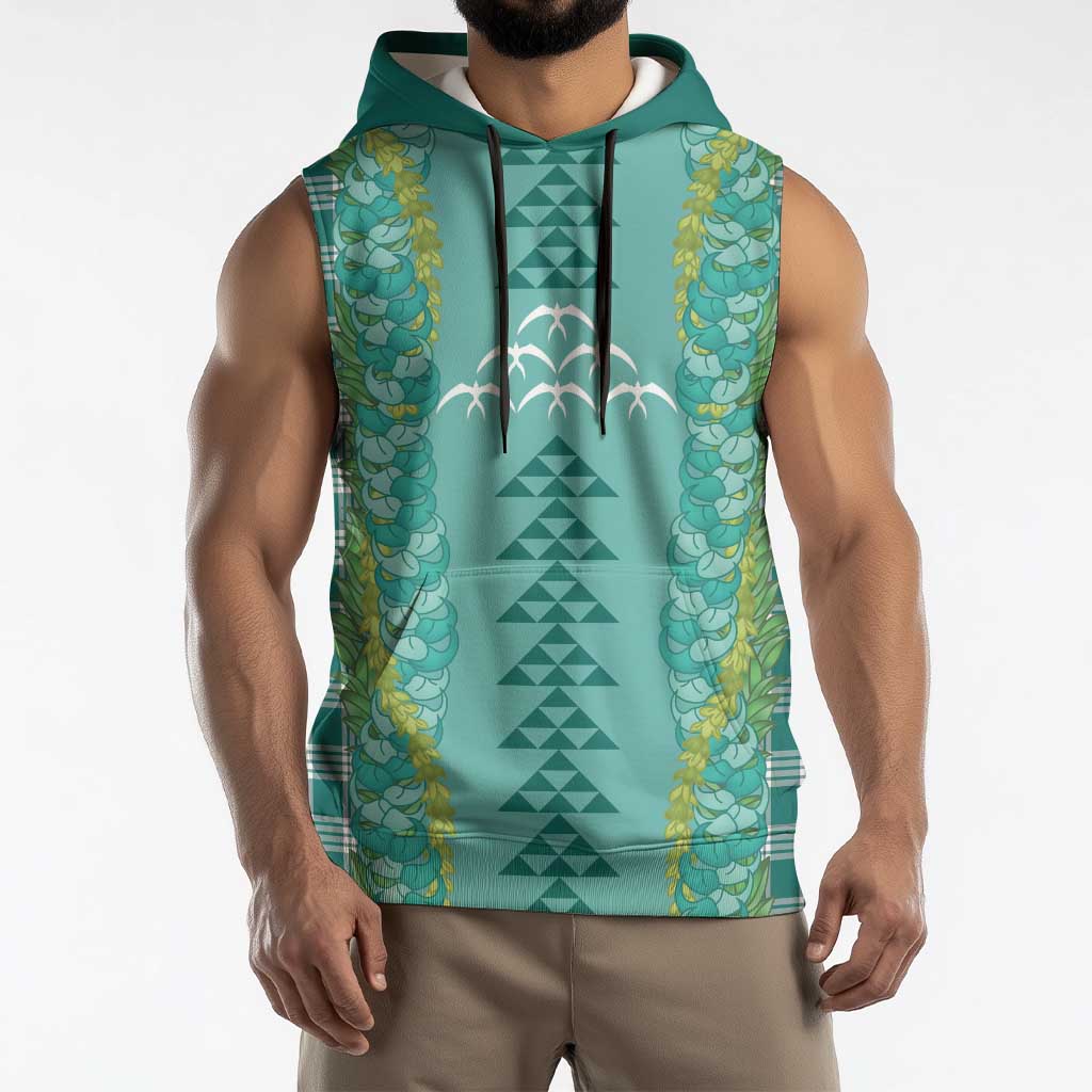 Teal Palaka Hawaii Iwa Bird Sleeveless Hoodie Hawaiian Kakau Jade Vine Lei LT14 - Polynesian Pride