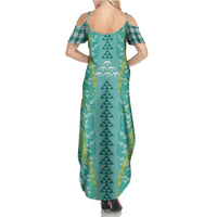 Teal Palaka Hawaii Iwa Bird Summer Maxi Dress Hawaiian Kakau Jade Vine Lei LT14 - Polynesian Pride