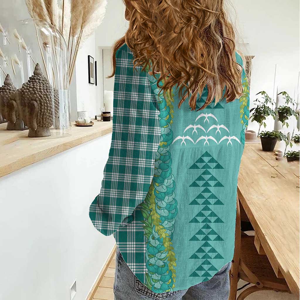 Teal Palaka Hawaii Iwa Bird Women Casual Shirt - Hawaiian Kakau Jade Vine Lei LT14 - Polynesian Pride