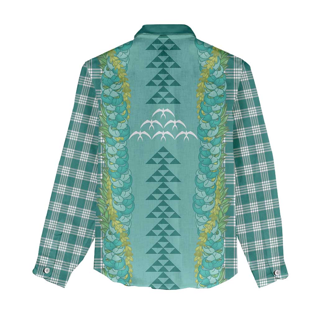 Teal Palaka Hawaii Iwa Bird Women Casual Shirt - Hawaiian Kakau Jade Vine Lei LT14 - Polynesian Pride