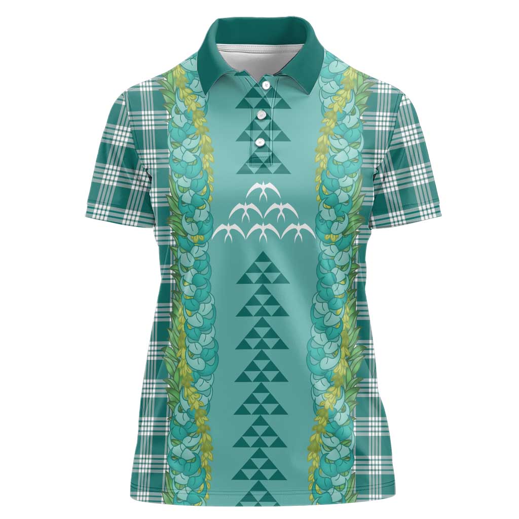 Teal Palaka Hawaii Iwa Bird Women Polo Shirt Hawaiian Kakau Jade Vine Lei LT14 Female Teal - Polynesian Pride