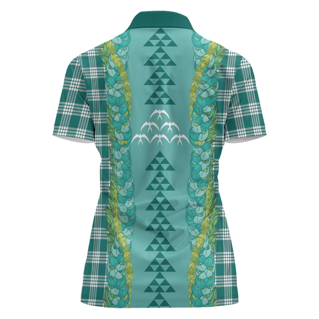 Teal Palaka Hawaii Iwa Bird Women Polo Shirt Hawaiian Kakau Jade Vine Lei LT14 - Polynesian Pride