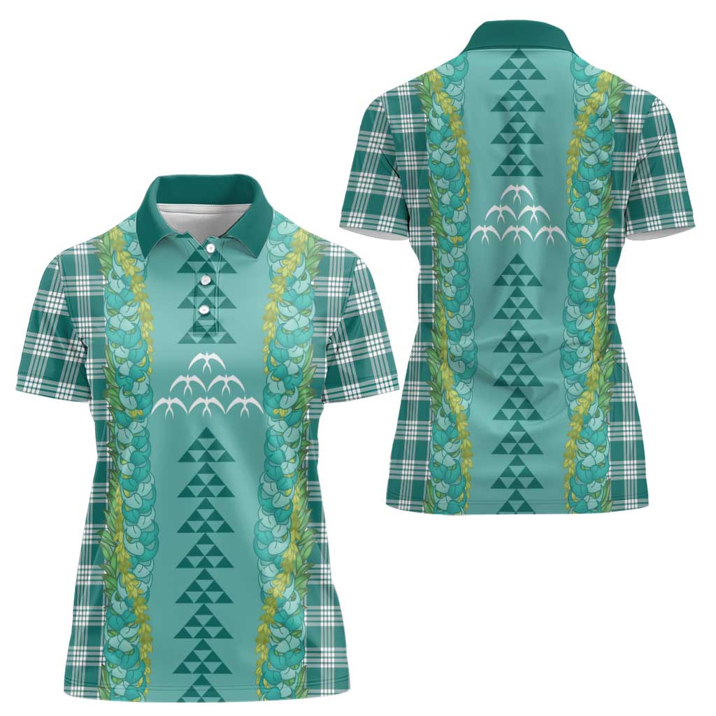 Teal Palaka Hawaii Iwa Bird Women Polo Shirt Hawaiian Kakau Jade Vine Lei LT14 - Polynesian Pride