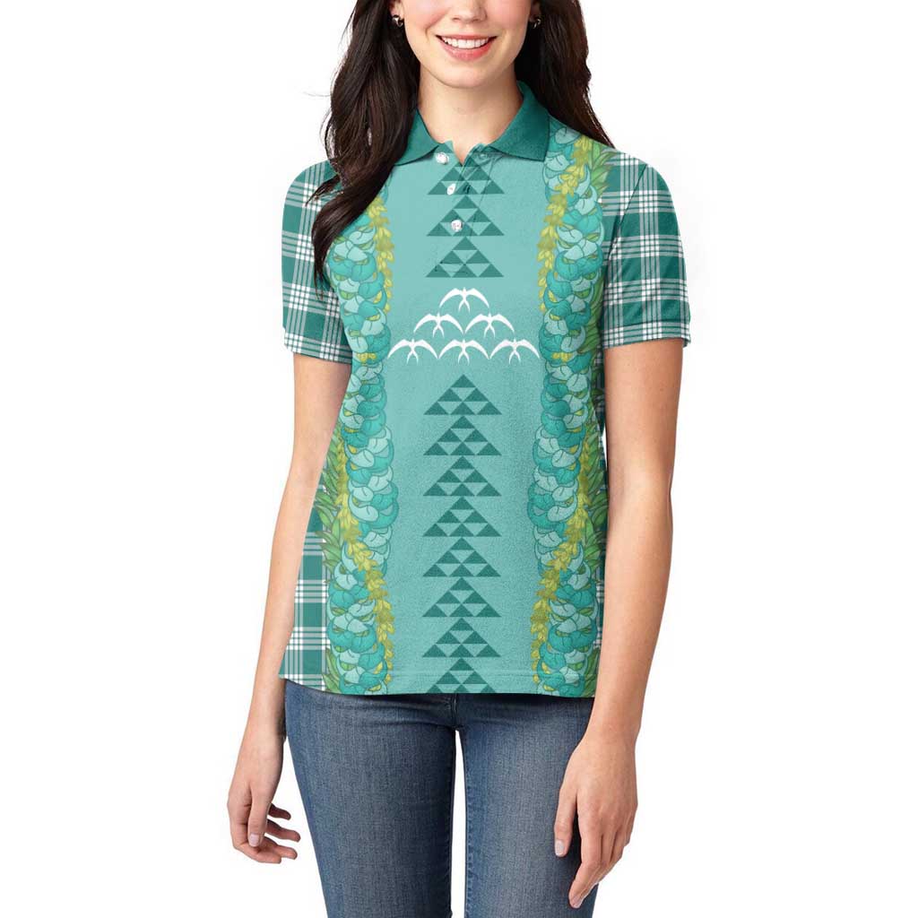 Teal Palaka Hawaii Iwa Bird Women Polo Shirt Hawaiian Kakau Jade Vine Lei LT14 - Polynesian Pride