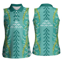 Teal Palaka Hawaii Iwa Bird Women Sleeveless Polo Shirt Hawaiian Kakau Jade Vine Lei LT14 - Polynesian Pride