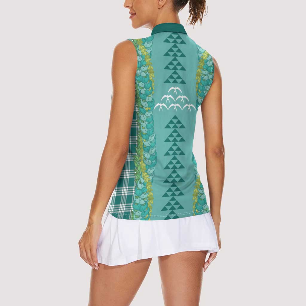 Teal Palaka Hawaii Iwa Bird Women Sleeveless Polo Shirt Hawaiian Kakau Jade Vine Lei LT14 - Polynesian Pride