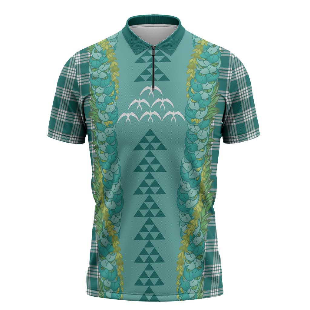 Teal Palaka Hawaii Iwa Bird Zipper Polo Shirt - Hawaiian Kakau Jade Vine Lei LT14 Teal - Polynesian Pride