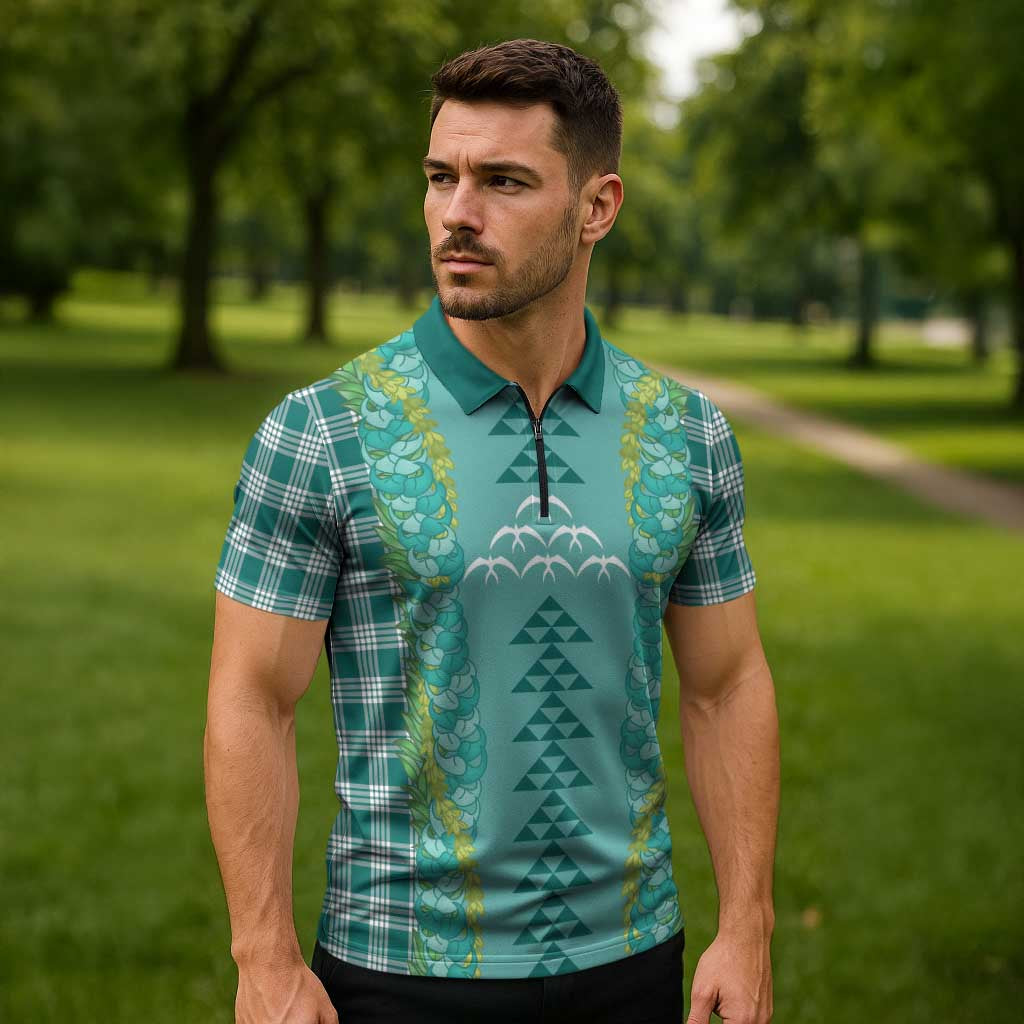 Teal Palaka Hawaii Iwa Bird Zipper Polo Shirt - Hawaiian Kakau Jade Vine Lei LT14 - Polynesian Pride