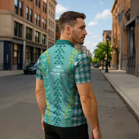 Teal Palaka Hawaii Iwa Bird Zipper Polo Shirt - Hawaiian Kakau Jade Vine Lei LT14 - Polynesian Pride