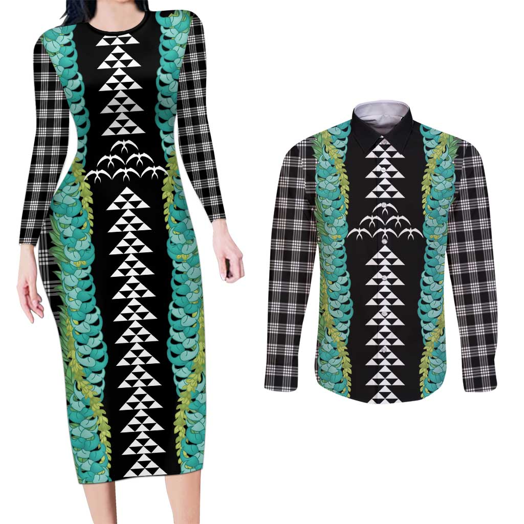 Black Palaka Hawaii Iwa Bird Couples Matching Long Sleeve Bodycon Dress and Long Sleeve Button Shirt Hawaiian Kakau Jade Vine Lei LT14 Black - Polynesian Pride