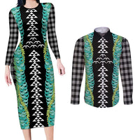 Black Palaka Hawaii Iwa Bird Couples Matching Long Sleeve Bodycon Dress and Long Sleeve Button Shirt Hawaiian Kakau Jade Vine Lei LT14 Black - Polynesian Pride
