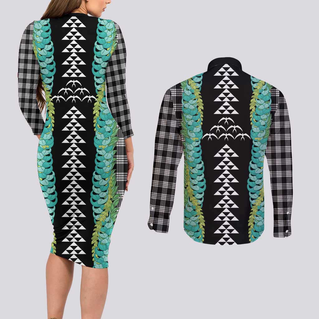 Black Palaka Hawaii Iwa Bird Couples Matching Long Sleeve Bodycon Dress and Long Sleeve Button Shirt Hawaiian Kakau Jade Vine Lei LT14 - Polynesian Pride