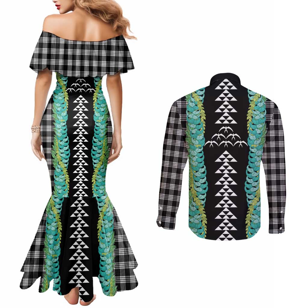 Black Palaka Hawaii Iwa Bird Couples Matching Mermaid Dress and Long Sleeve Button Shirt Hawaiian Kakau Jade Vine Lei LT14 - Polynesian Pride