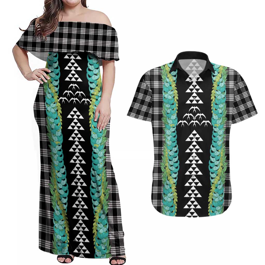 Black Palaka Hawaii Iwa Bird Couples Matching Off Shoulder Maxi Dress and Hawaiian Shirt Hawaiian Kakau Jade Vine Lei - Polynesian Pride