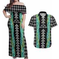 Black Palaka Hawaii Iwa Bird Couples Matching Off Shoulder Maxi Dress and Hawaiian Shirt Hawaiian Kakau Jade Vine Lei LT14 Black - Polynesian Pride