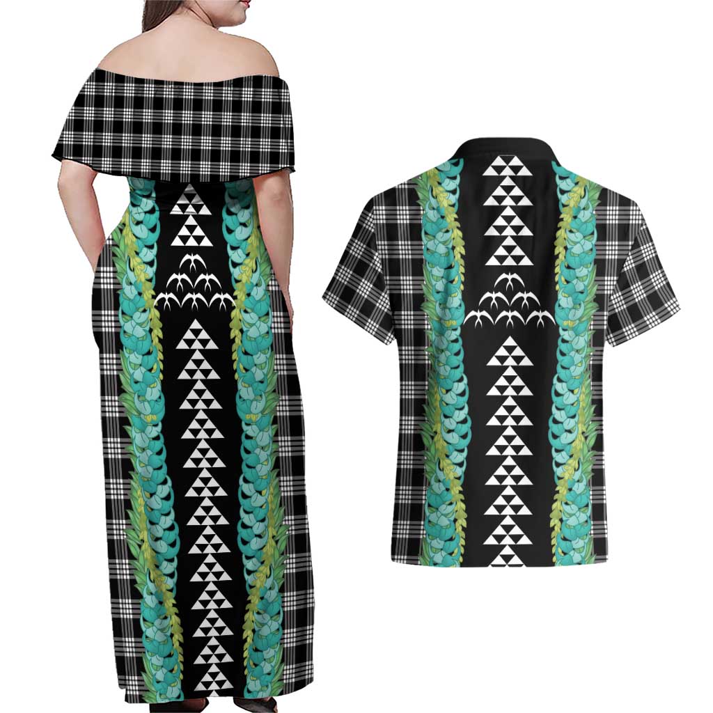 Black Palaka Hawaii Iwa Bird Couples Matching Off Shoulder Maxi Dress and Hawaiian Shirt Hawaiian Kakau Jade Vine Lei LT14 - Polynesian Pride