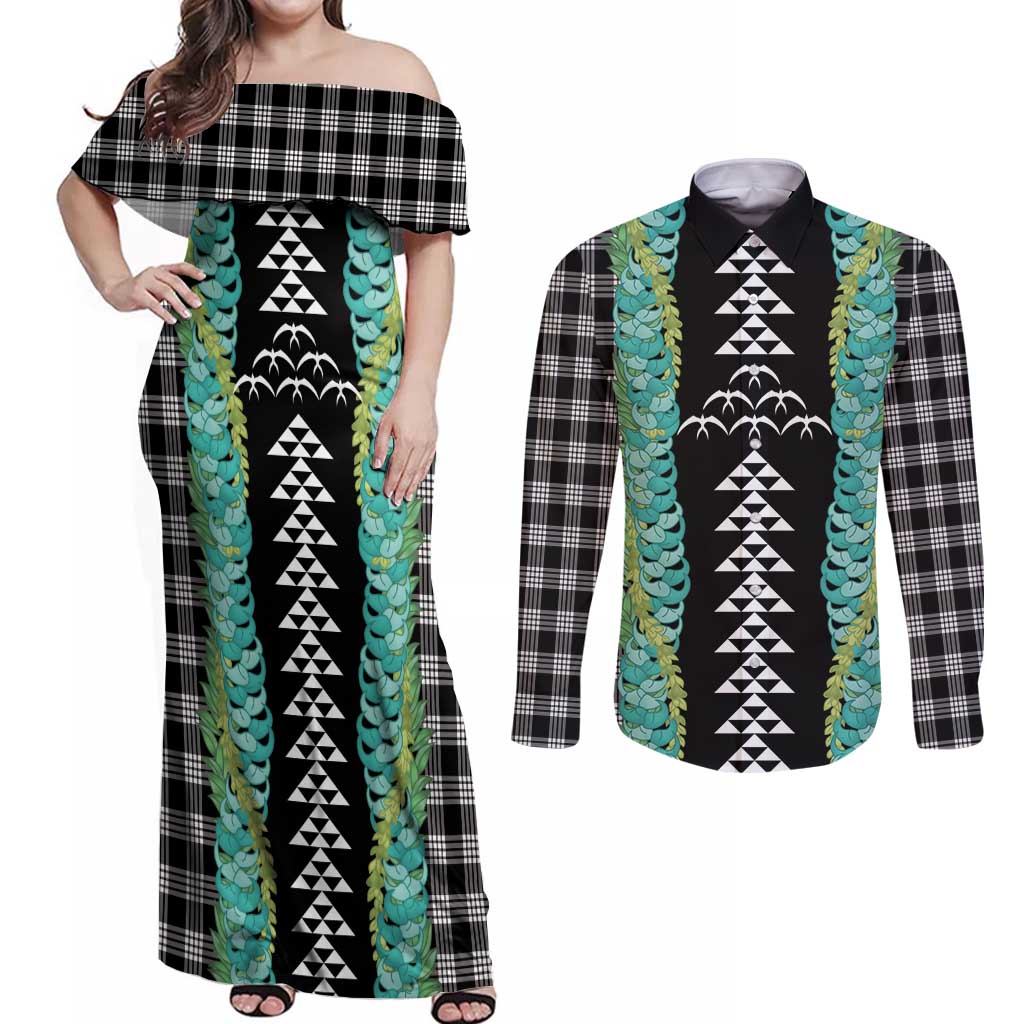 Black Palaka Hawaii Iwa Bird Couples Matching Off Shoulder Maxi Dress and Long Sleeve Button Shirt Hawaiian Kakau Jade Vine Lei - Polynesian Pride