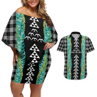 Black Palaka Hawaii Iwa Bird Couples Matching Off Shoulder Short Dress and Hawaiian Shirt Hawaiian Kakau Jade Vine Lei LT14 Black - Polynesian Pride
