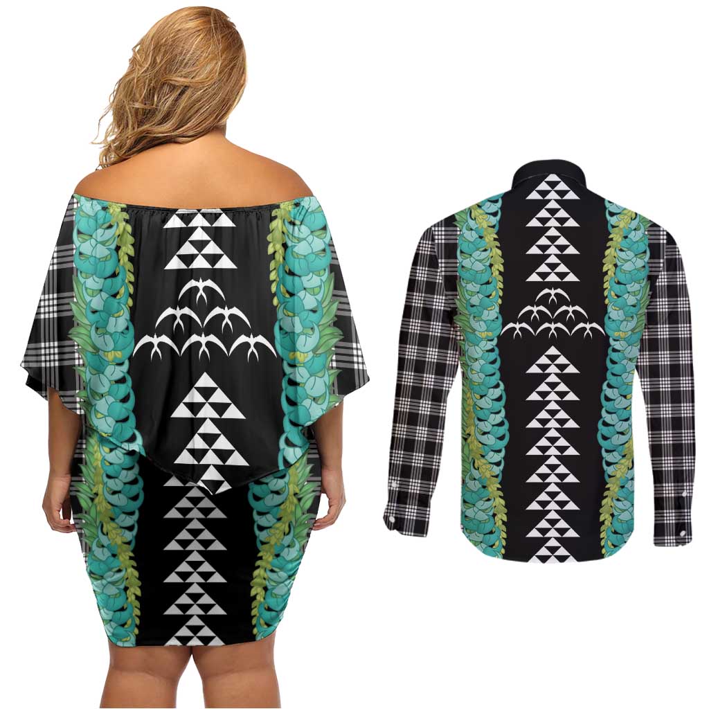 Black Palaka Hawaii Iwa Bird Couples Matching Off Shoulder Short Dress and Long Sleeve Button Shirt Hawaiian Kakau Jade Vine Lei LT14 - Polynesian Pride