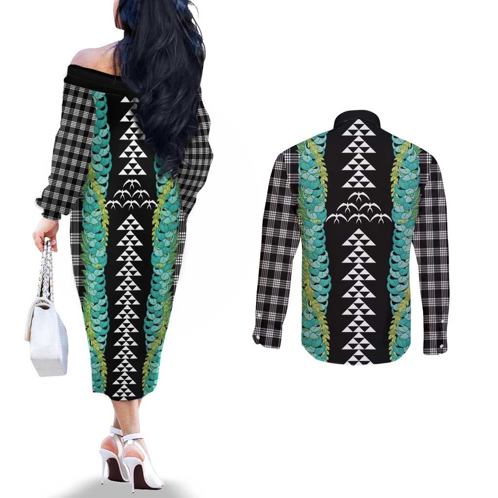 Black Palaka Hawaii Iwa Bird Couples Matching Off The Shoulder Long Sleeve Dress and Long Sleeve Button Shirt Hawaiian Kakau Jade Vine Lei LT14 - Polynesian Pride
