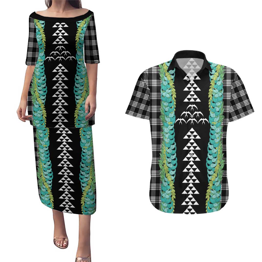 Black Palaka Hawaii Iwa Bird Couples Matching Puletasi and Hawaiian Shirt Hawaiian Kakau Jade Vine Lei LT14 Black - Polynesian Pride