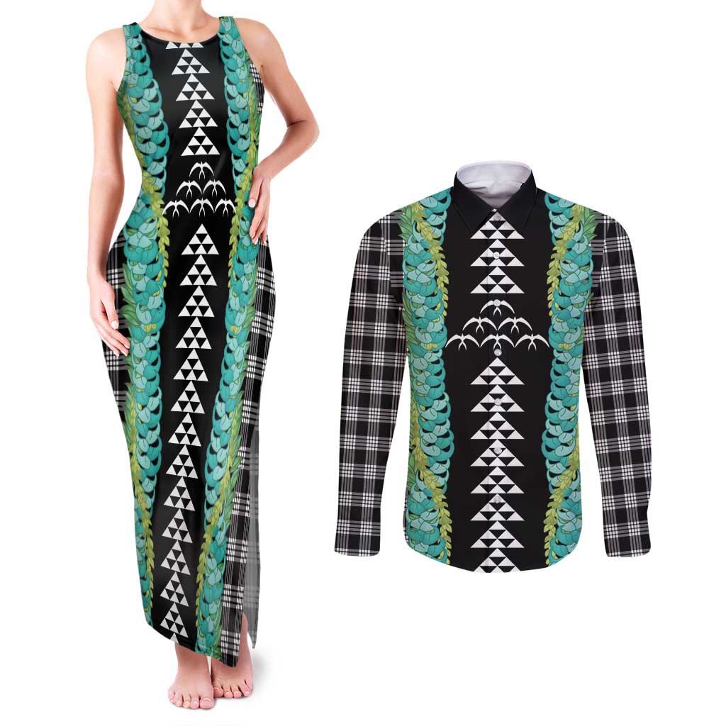 Black Palaka Hawaii Iwa Bird Couples Matching Tank Maxi Dress and Long Sleeve Button Shirt Hawaiian Kakau Jade Vine Lei - Polynesian Pride