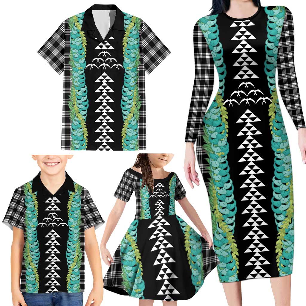 Black Palaka Hawaii Iwa Bird Family Matching Long Sleeve Bodycon Dress and Hawaiian Shirt Hawaiian Kakau Jade Vine Lei - Polynesian Pride