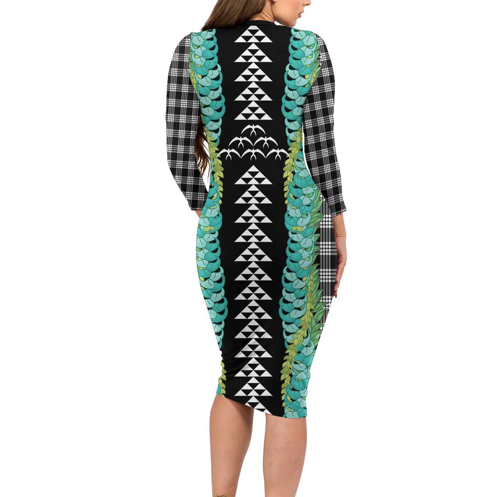 Black Palaka Hawaii Iwa Bird Family Matching Long Sleeve Bodycon Dress and Hawaiian Shirt Hawaiian Kakau Jade Vine Lei LT14 - Polynesian Pride