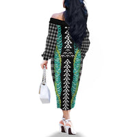 Black Palaka Hawaii Iwa Bird Family Matching Off The Shoulder Long Sleeve Dress and Hawaiian Shirt Hawaiian Kakau Jade Vine Lei LT14 - Polynesian Pride