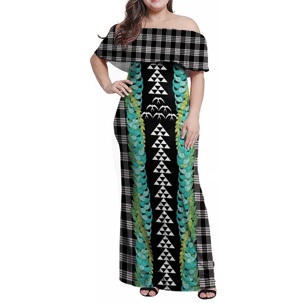Black Palaka Hawaii Iwa Bird Family Matching Off Shoulder Maxi Dress and Hawaiian Shirt Hawaiian Kakau Jade Vine Lei LT14 Mom's Dress Black - Polynesian Pride