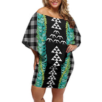 Black Palaka Hawaii Iwa Bird Family Matching Off Shoulder Short Dress and Hawaiian Shirt Hawaiian Kakau Jade Vine Lei LT14 Mom's Dress Black - Polynesian Pride