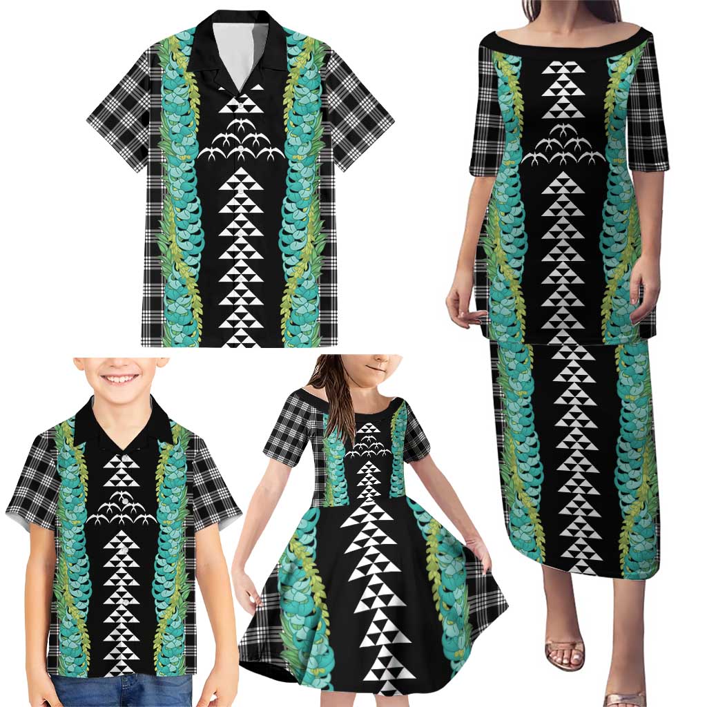 Black Palaka Hawaii Iwa Bird Family Matching Puletasi and Hawaiian Shirt Hawaiian Kakau Jade Vine Lei - Polynesian Pride