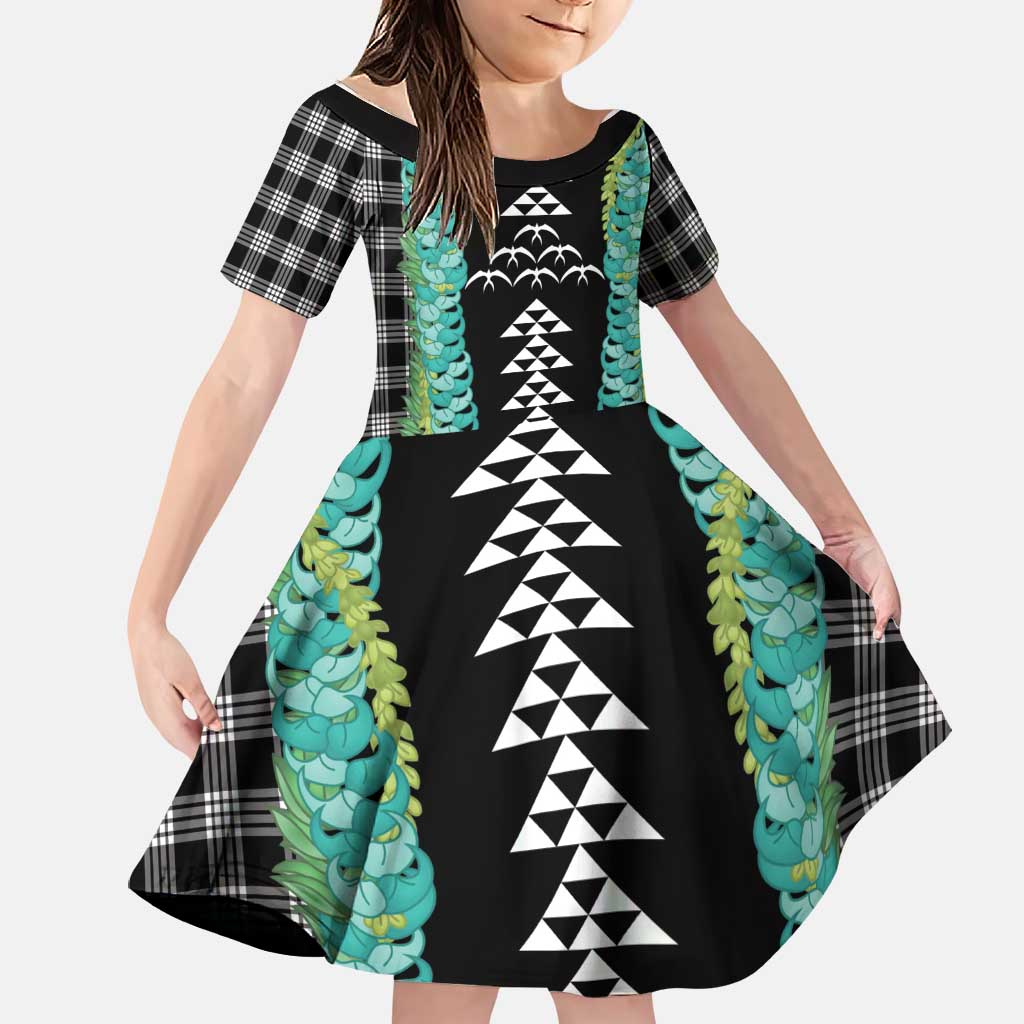 Black Palaka Hawaii Iwa Bird Family Matching Summer Maxi Dress and Hawaiian Shirt Hawaiian Kakau Jade Vine Lei LT14 Daughter's Dress Black - Polynesian Pride