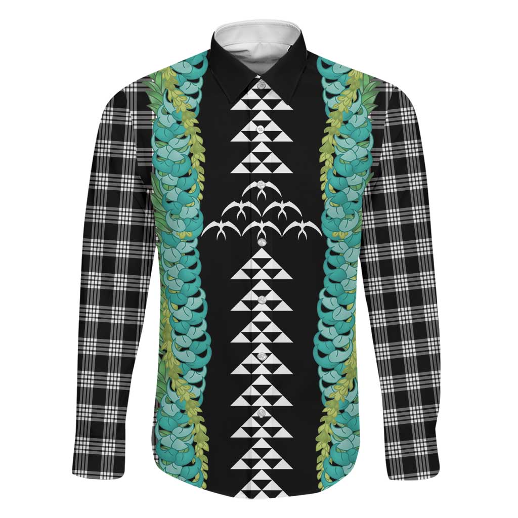 Black Palaka Hawaii Iwa Bird Family Matching Tank Maxi Dress and Hawaiian Shirt Hawaiian Kakau Jade Vine Lei LT14 Dad's Shirt - Long Sleeve Black - Polynesian Pride