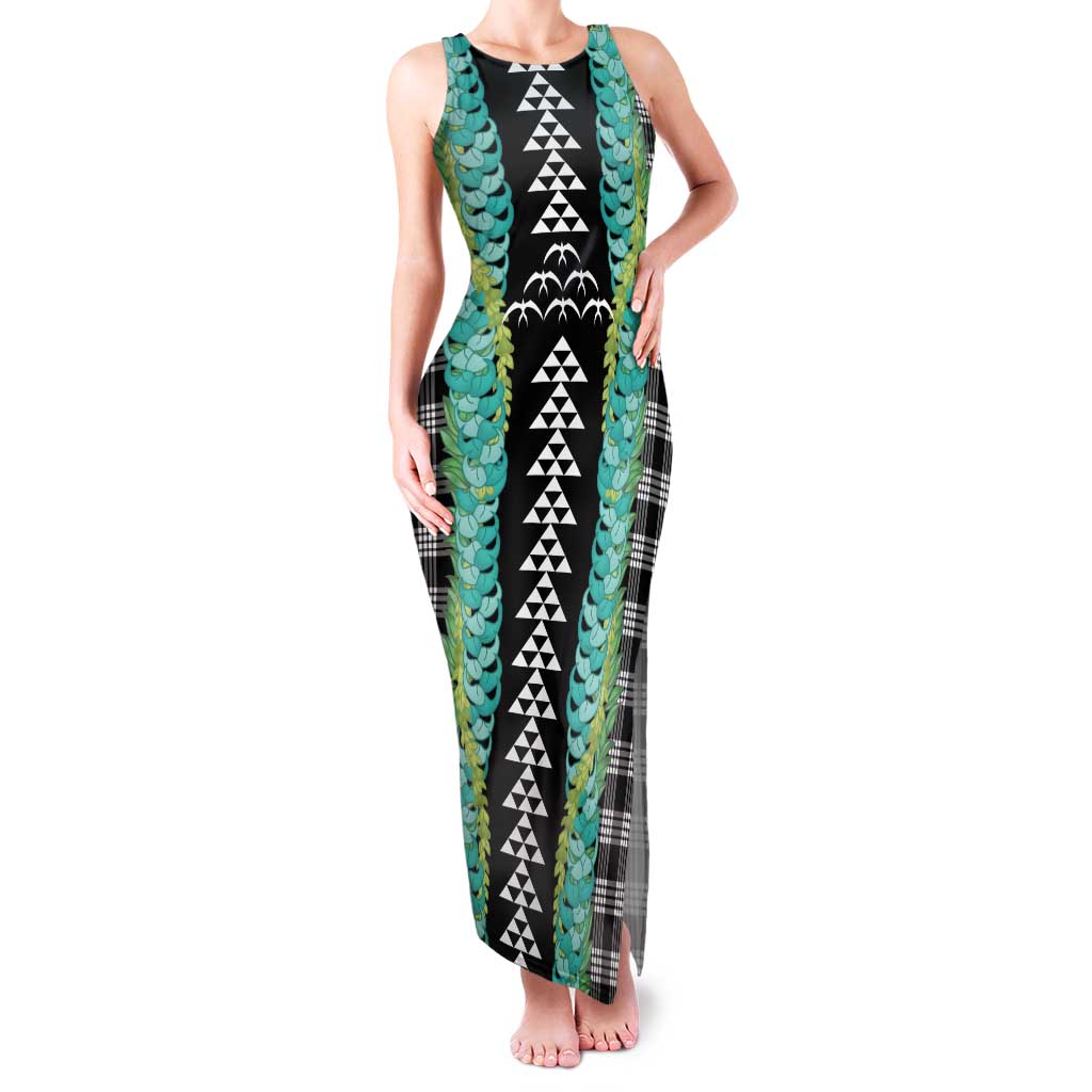 Black Palaka Hawaii Iwa Bird Family Matching Tank Maxi Dress and Hawaiian Shirt Hawaiian Kakau Jade Vine Lei LT14 Mom's Dress Black - Polynesian Pride