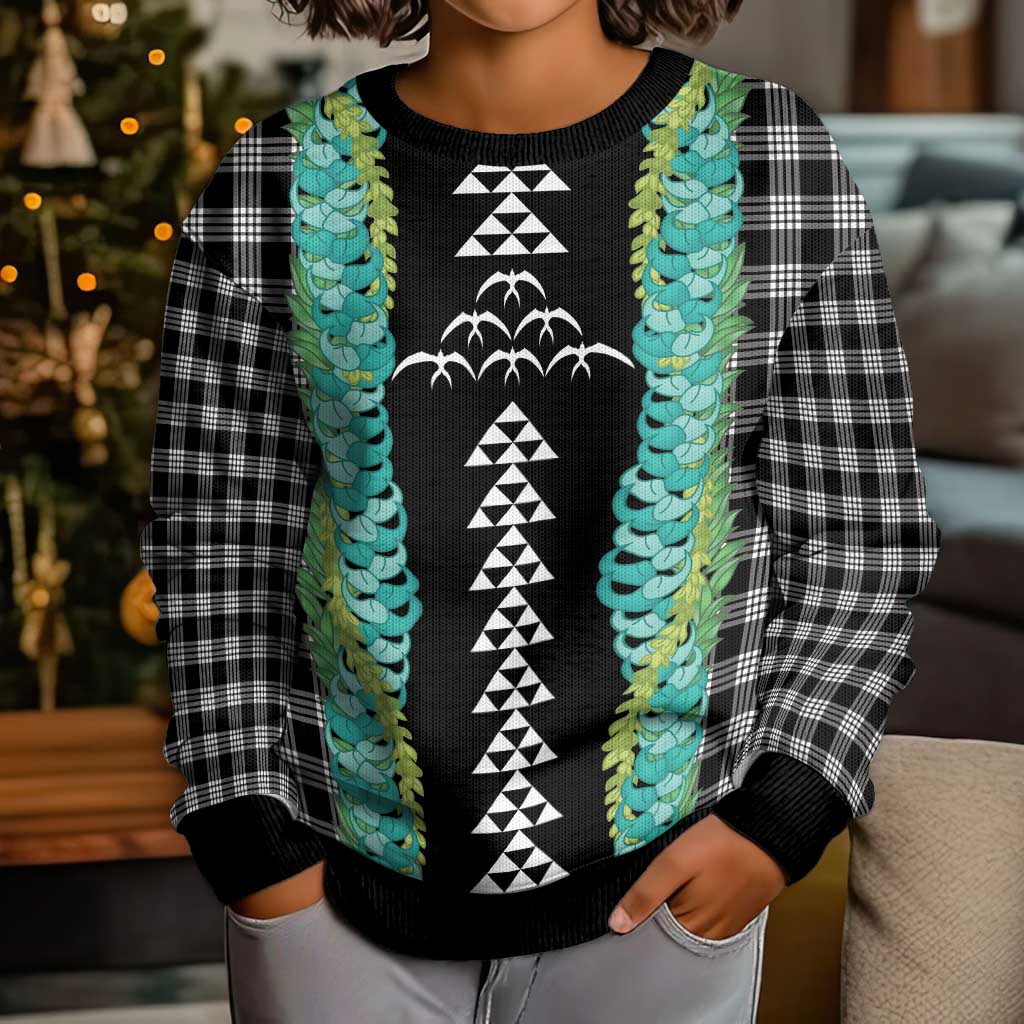 Black Palaka Hawaii Iwa Bird Kid Ugly Christmas Sweater Hawaiian Kakau Jade Vine Lei LT14 - Polynesian Pride